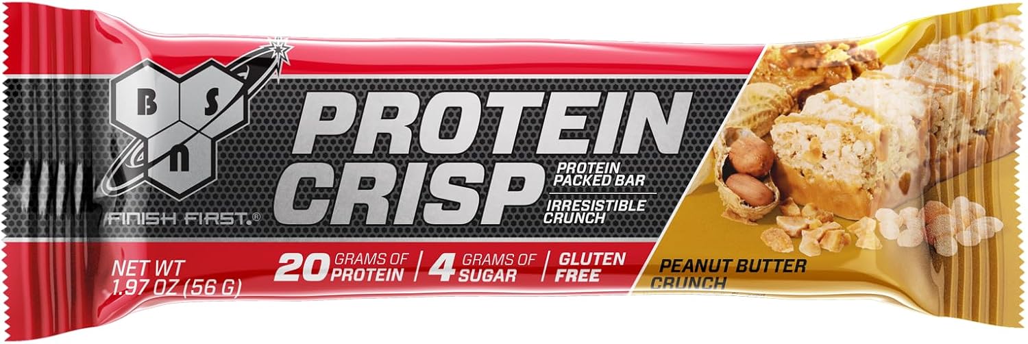 BSN Protein Crisp Bar, Peanut Butter Crunch, 20 Gram Protein Snack Bars with Whey and Fiber, Gluten-Free Crunchy Energy Bars for Workout, Fitness, On-the-Go, 12 Count