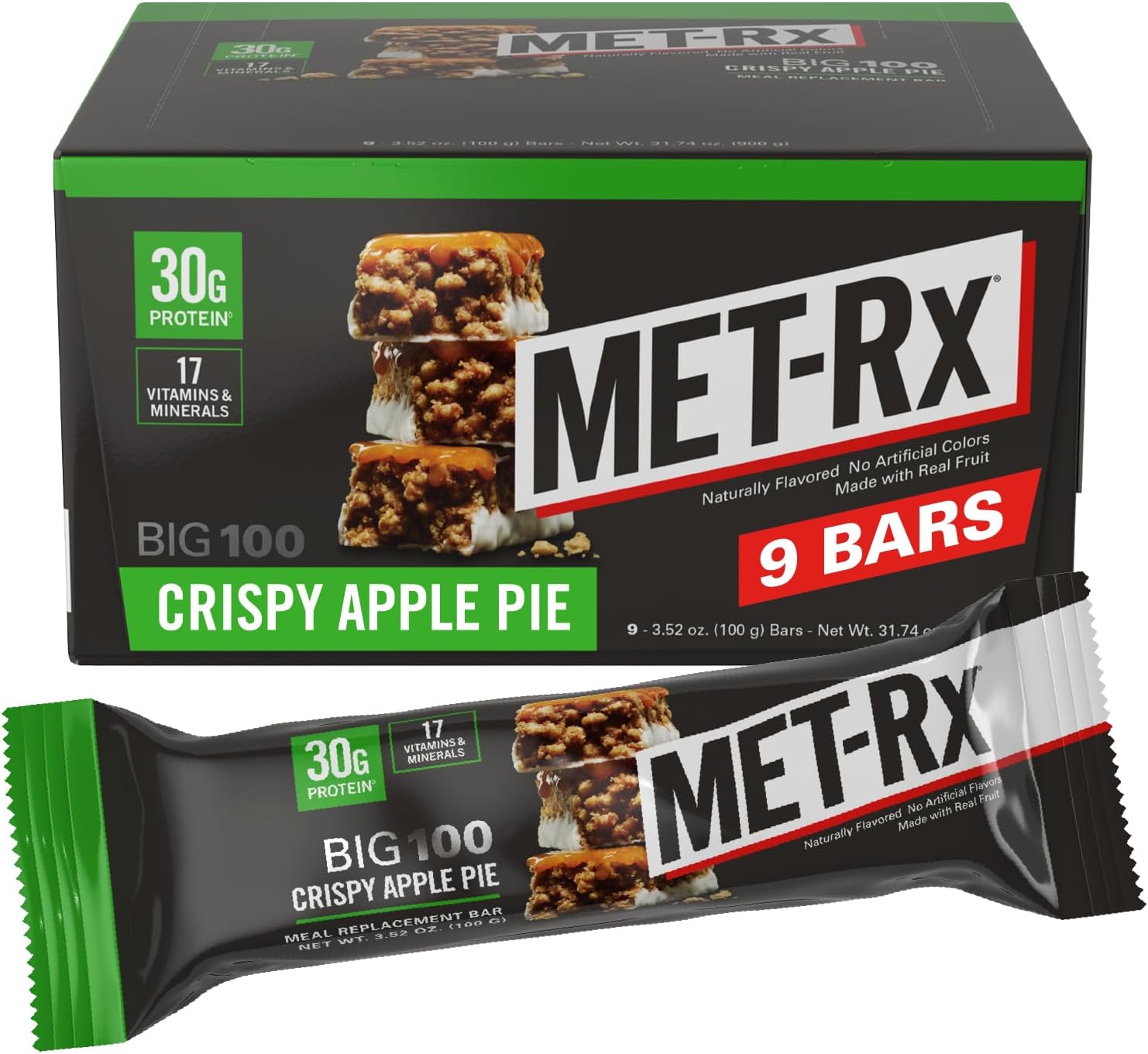 MET-Rx Big 100 Colossal Protein Bars, Vanilla Caramel Churro Meal Replacement Bars, Brown, 9 Count