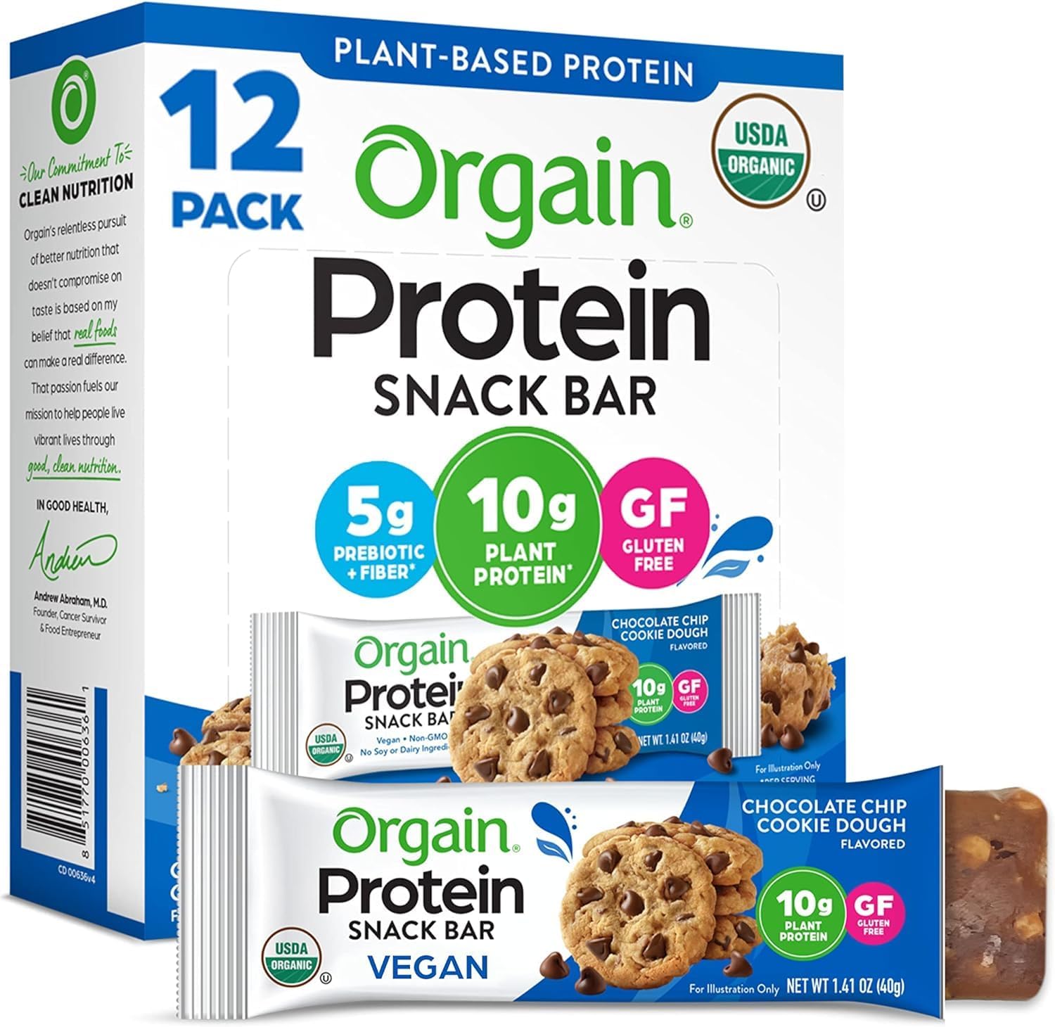 Orgain Organic Vegan Protein Bars, Chocolate Brownie - 10g Plant Based Protein, Low Calorie Healthy Snacks, No Lactose or Soy Ingredients, Gluten Free, Non-GMO - 1.41 Oz (Pack of 12)