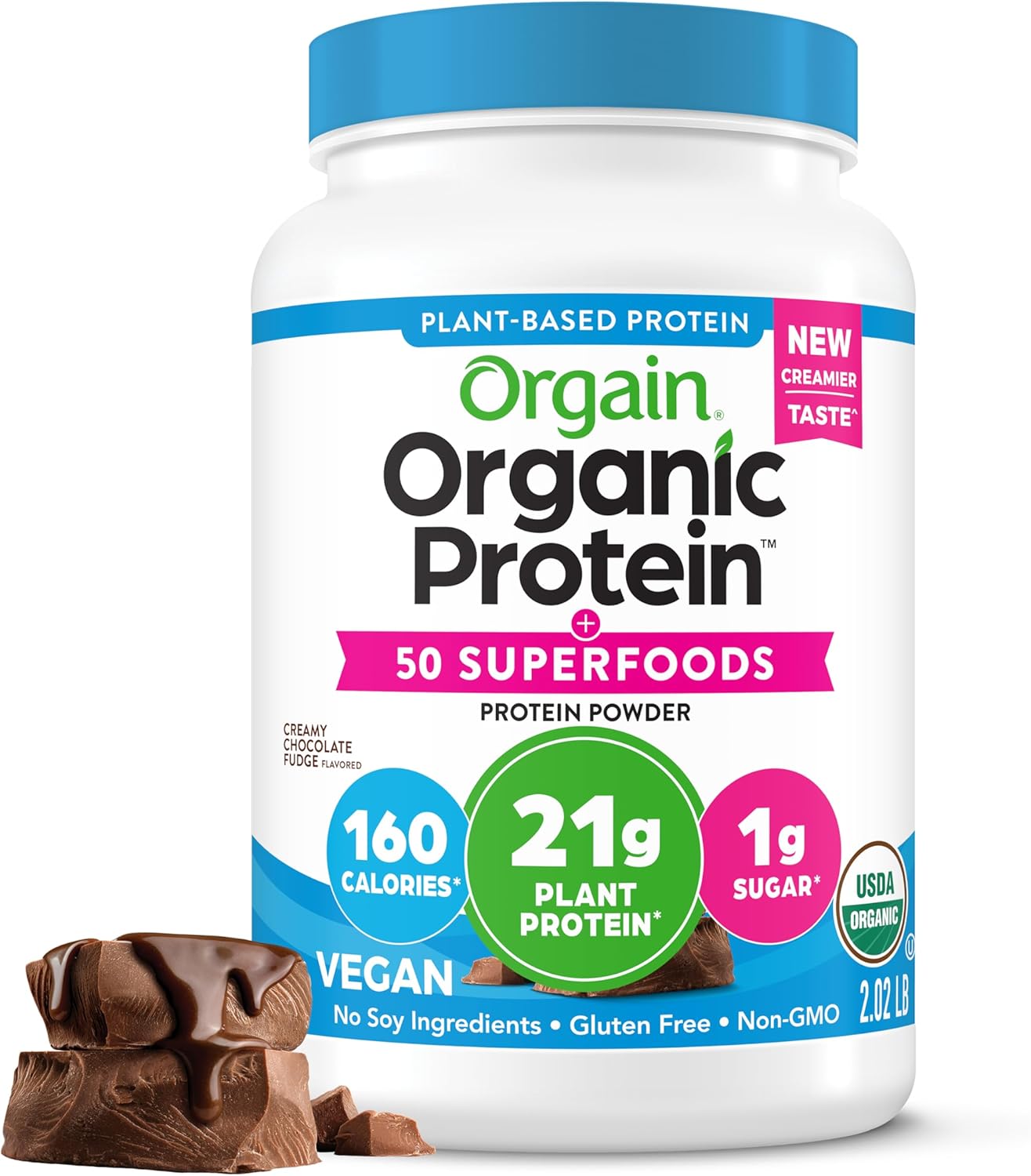 Orgain Organic Vegan Protein + 50 Superfoods Powder, Vanilla Bean - 21g Plant Based Protein, 8g Prebiotic Fiber, No Lactose Ingredients, Gluten Free, No Added Sugar, Non-GMO, 2.02 lb