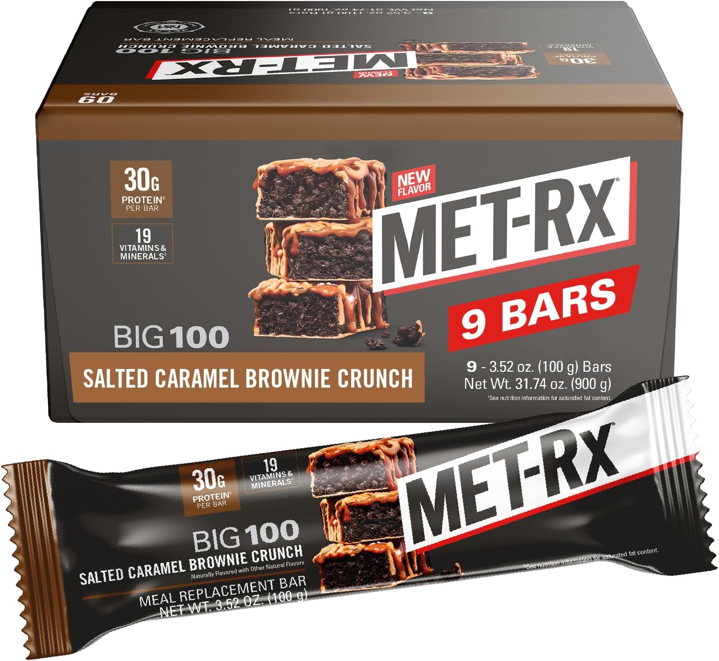 MET-Rx Big 100 Colossal Protein Bars, Vanilla Caramel Churro Meal Replacement Bars, Brown, 9 Count