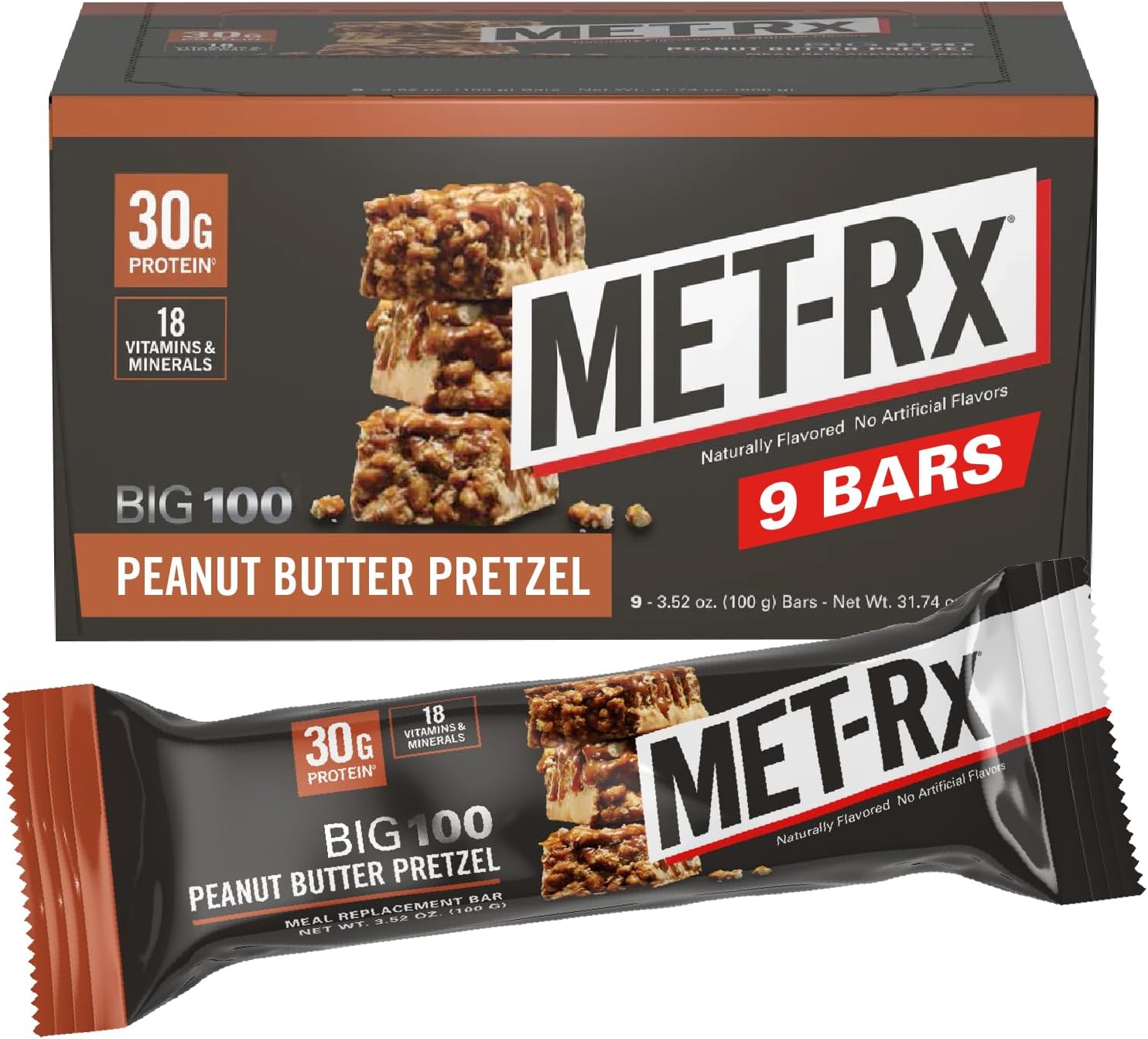 MET-Rx Big 100 Colossal Protein Bars, Vanilla Caramel Churro Meal Replacement Bars, Brown, 9 Count
