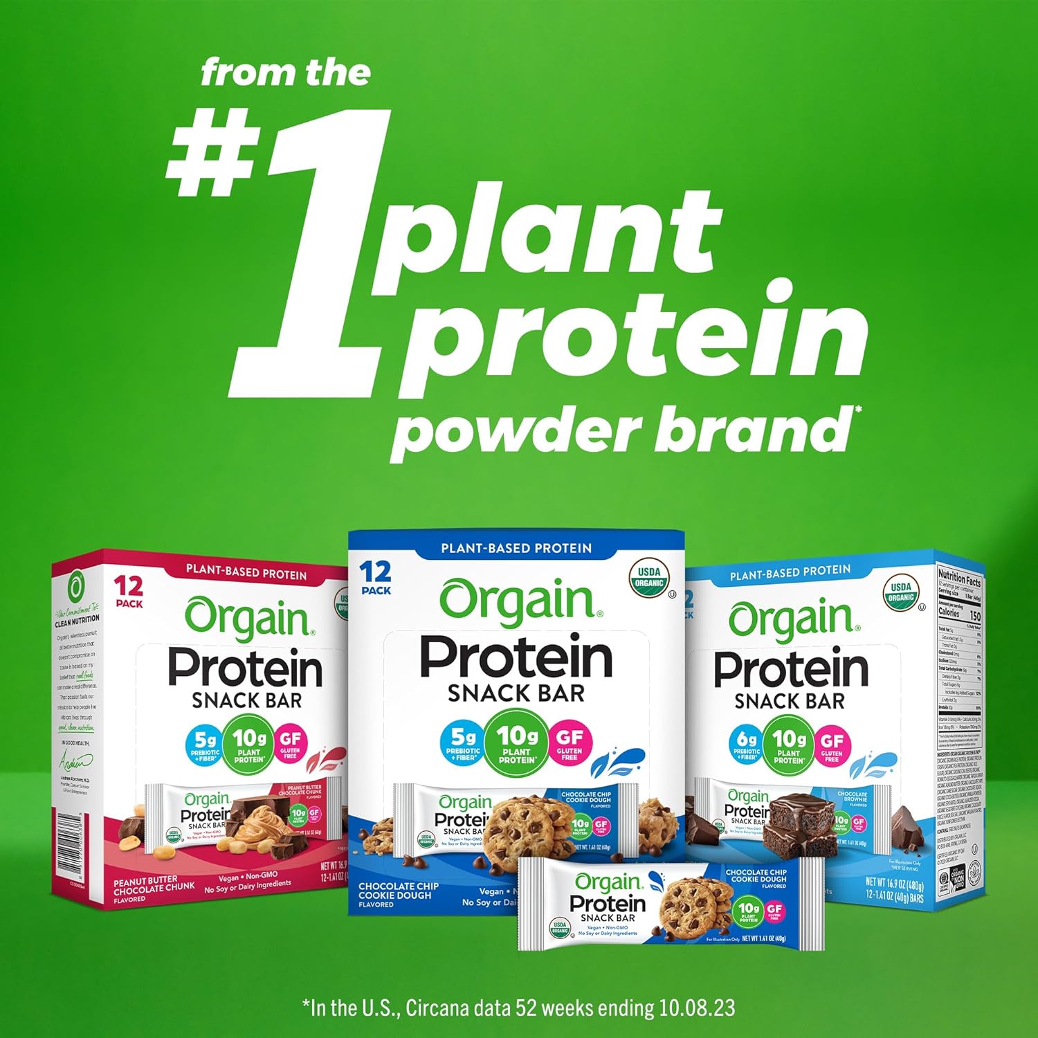 Orgain Organic Vegan Protein Bars, Peanut Butter - 10g Plant Based Protein, Low Calorie Healthy Snacks, No Lactose or Soy Ingredients, Gluten Free, Non-GMO - 1.41 Oz (Pack of 12)