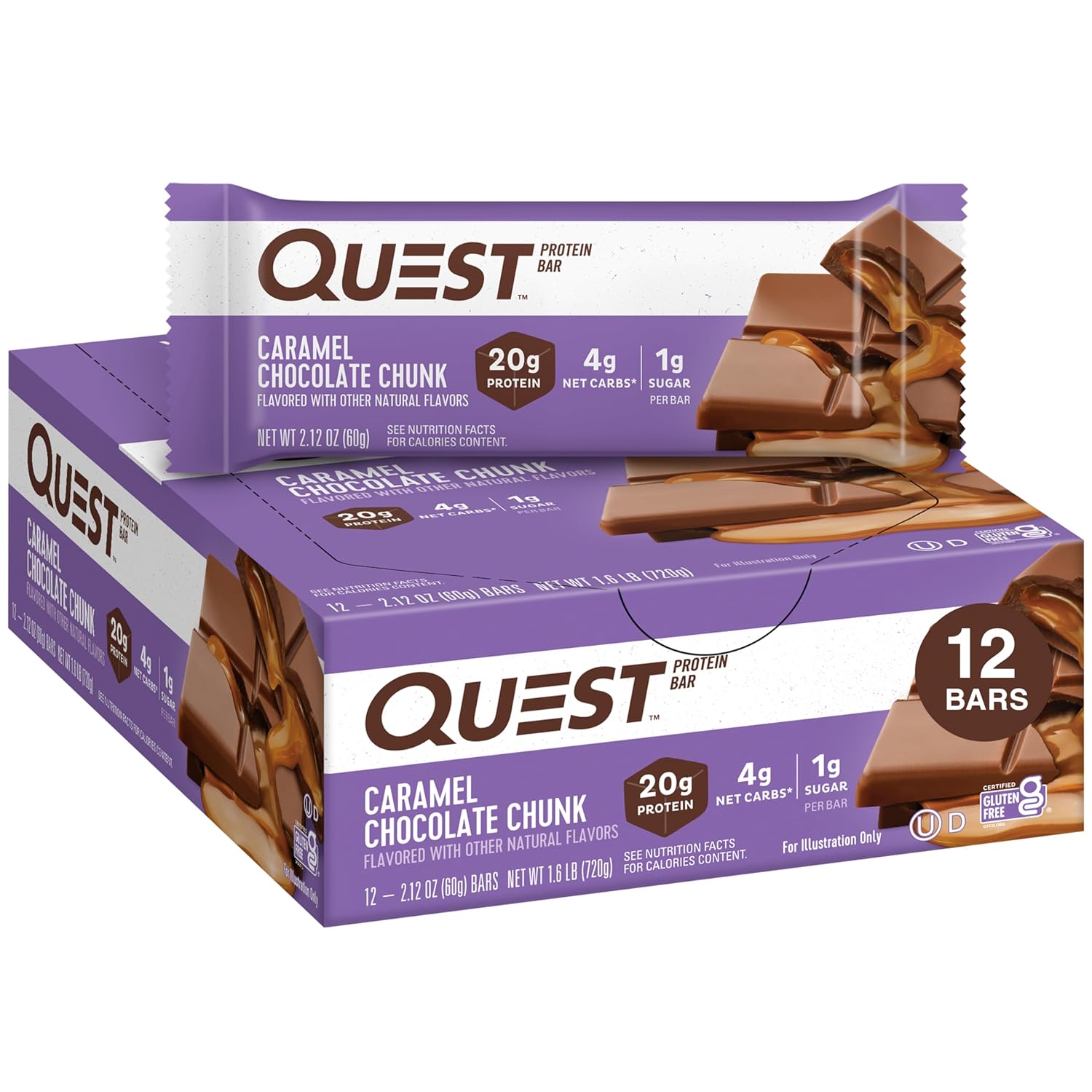 Quest Nutrition Double Chocolate Chunk Protein Bars, 20g Protein Bars, 1g Sugar, 4g Net Carb, Gluten Free, Keto Friendly, 12 Count