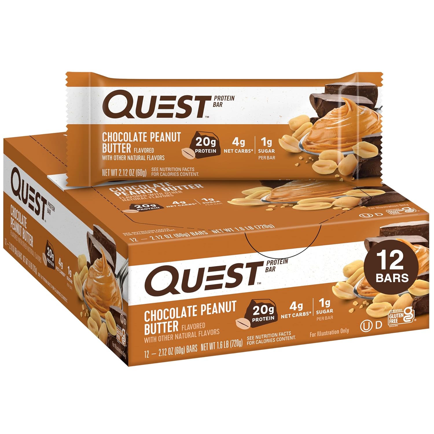 Quest Nutrition Double Chocolate Chunk Protein Bars, 20g Protein Bars, 1g Sugar, 4g Net Carb, Gluten Free, Keto Friendly, 12 Count