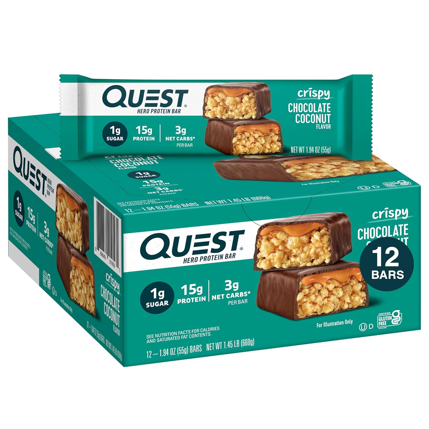Quest Nutrition Crispy Cookies & Cream Hero Protein Bar, 18g Protein, 1g Sugar, 3g Net Carb, Gluten Free, Keto Friendly, 4 Count
