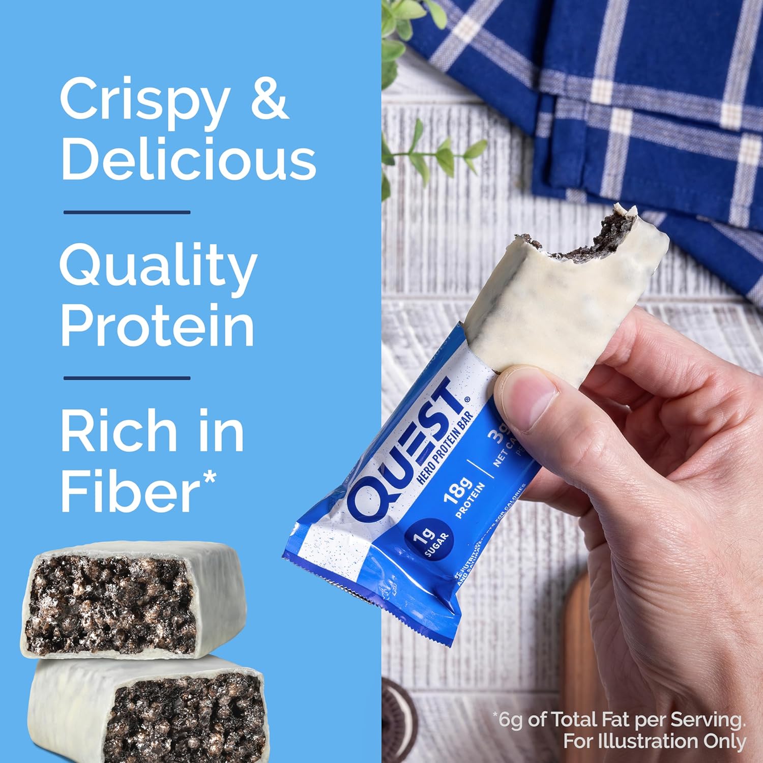 Quest Nutrition Crispy Cookies & Cream Hero Protein Bar, 18g Protein, 1g Sugar, 3g Net Carb, Gluten Free, Keto Friendly, 4 Count