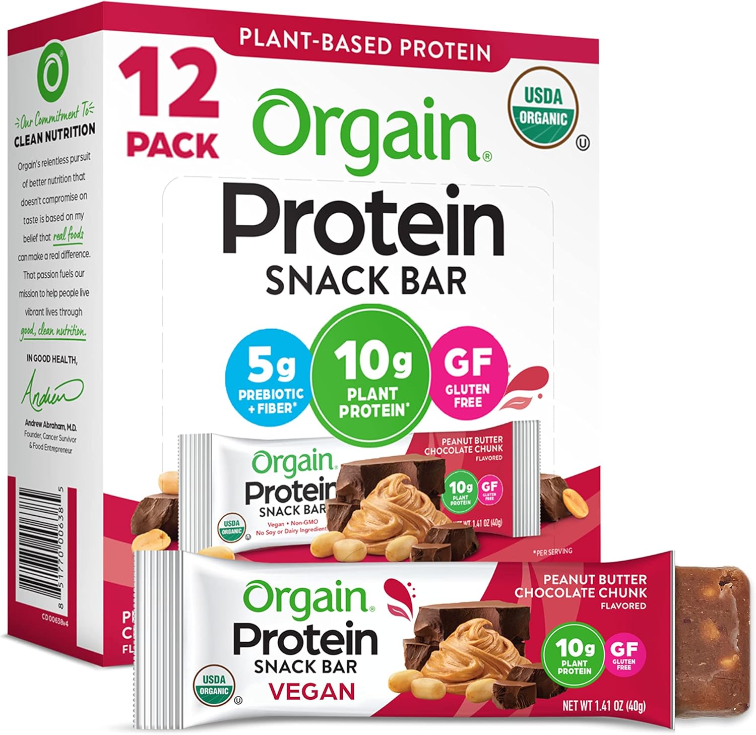 Orgain Organic Vegan Protein Bars, Peanut Butter - 10g Plant Based Protein, Low Calorie Healthy Snacks, No Lactose or Soy Ingredients, Gluten Free, Non-GMO - 1.41 Oz (Pack of 12)