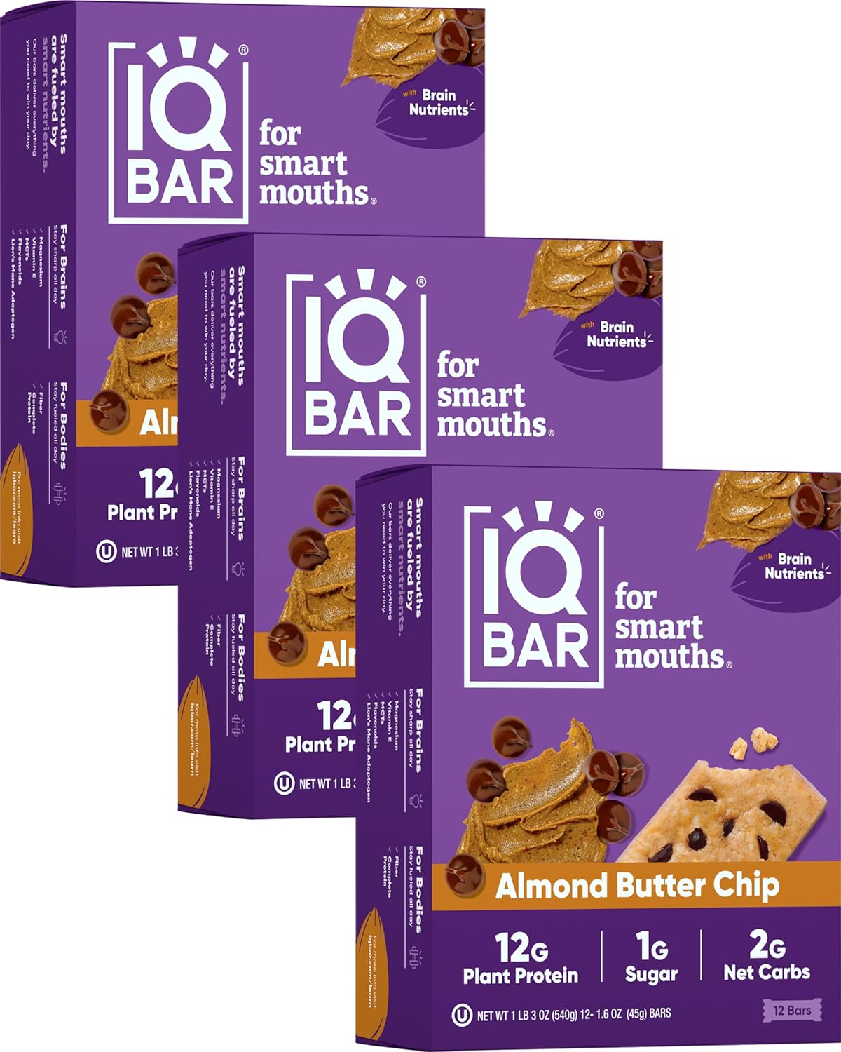 IQBAR Brain and Body Plant Protein Bars - Chocolate Lovers Variety - 12-Count Low Carb - Gluten Free, High Fiber, Vegan Snacks - Low Sugar Meal Replacement