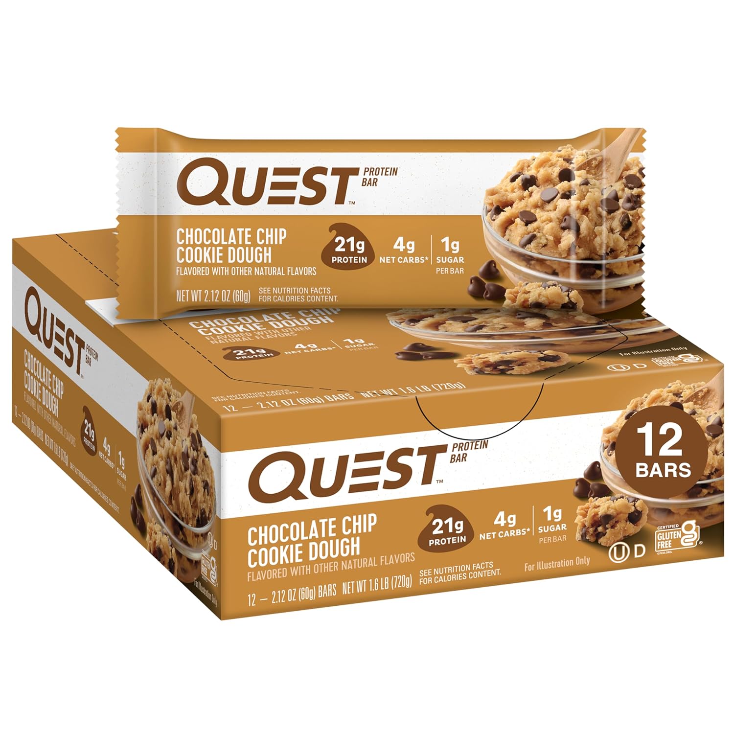 Quest Nutrition Double Chocolate Chunk Protein Bars, 20g Protein Bars, 1g Sugar, 4g Net Carb, Gluten Free, Keto Friendly, 12 Count