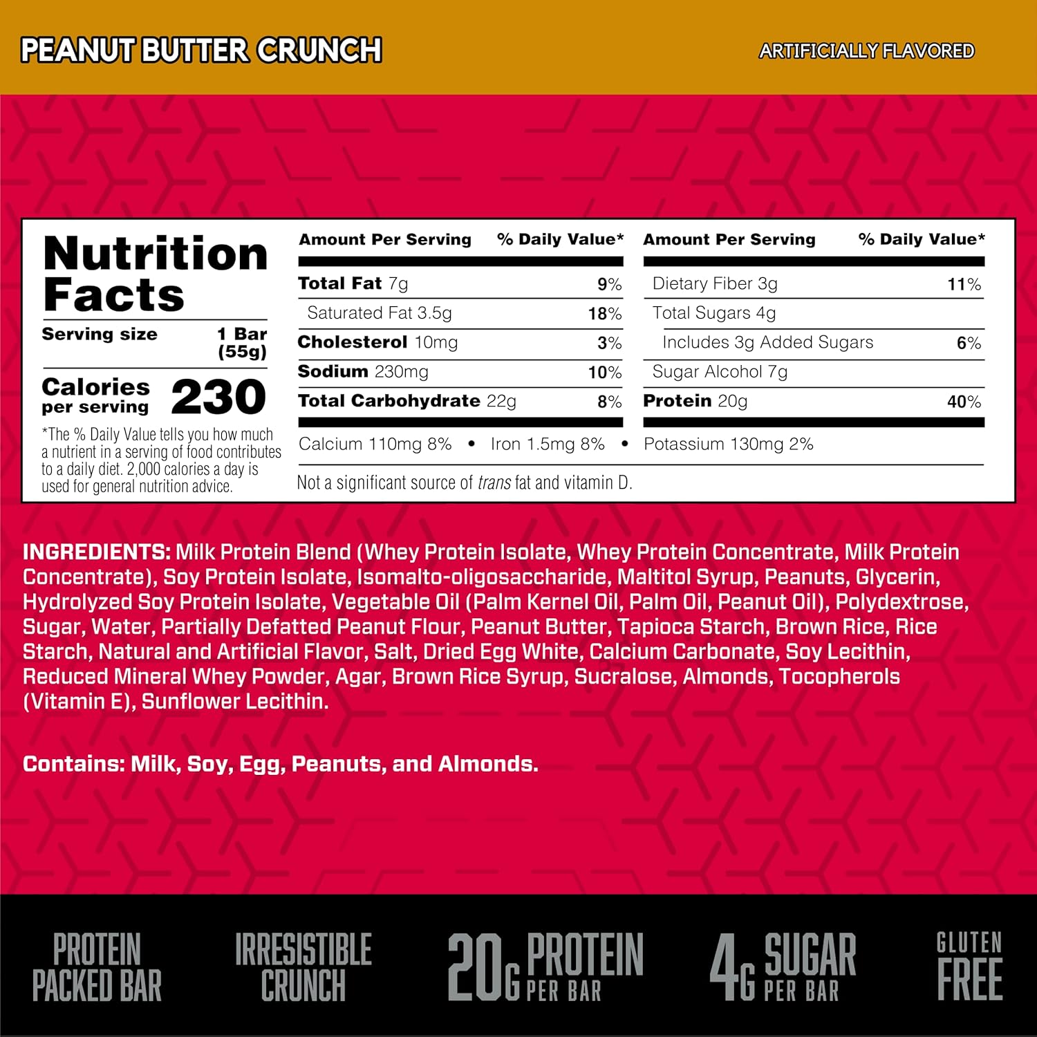 BSN Protein Crisp Bar, Peanut Butter Crunch, 20 Gram Protein Snack Bars with Whey and Fiber, Gluten-Free Crunchy Energy Bars for Workout, Fitness, On-the-Go, 12 Count