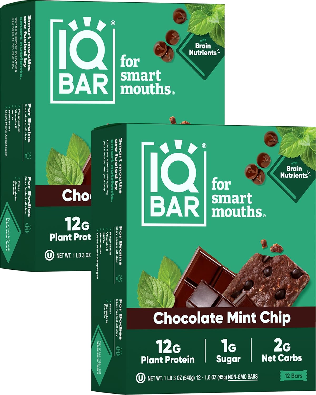 IQBAR Brain and Body Plant Protein Bars - Chocolate Lovers Variety - 12-Count Low Carb - Gluten Free, High Fiber, Vegan Snacks - Low Sugar Meal Replacement