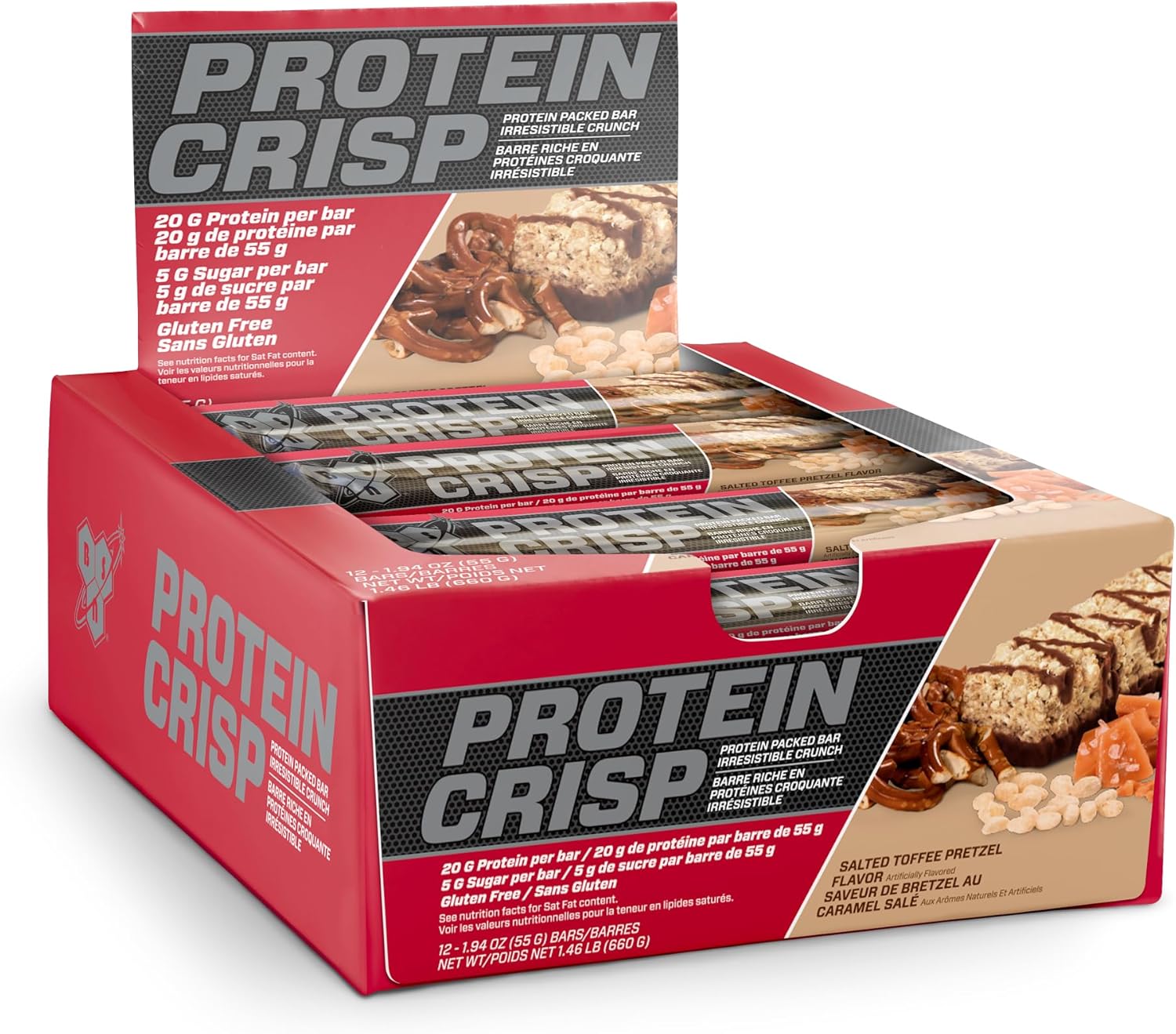 BSN Protein Crisp Bar, Peanut Butter Crunch, 20 Gram Protein Snack Bars with Whey and Fiber, Gluten-Free Crunchy Energy Bars for Workout, Fitness, On-the-Go, 12 Count