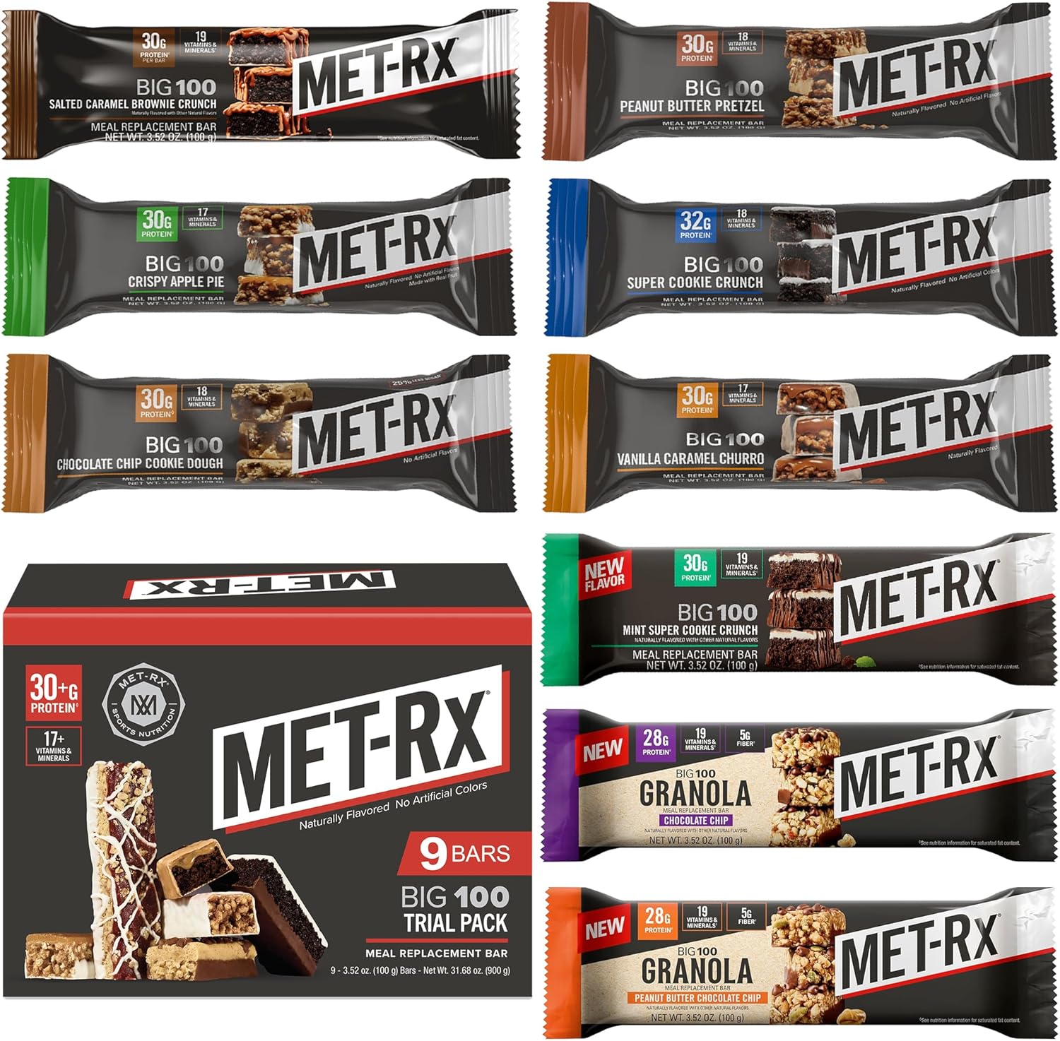MET-Rx Big 100 Colossal Protein Bars, Great as Healthy Meal Replacement, Snack, and Help Support Energy, Peanut Butter Pretzel, With Vitamin A, Vitamin C, and Zinc, 100 g, (Pack of 9)