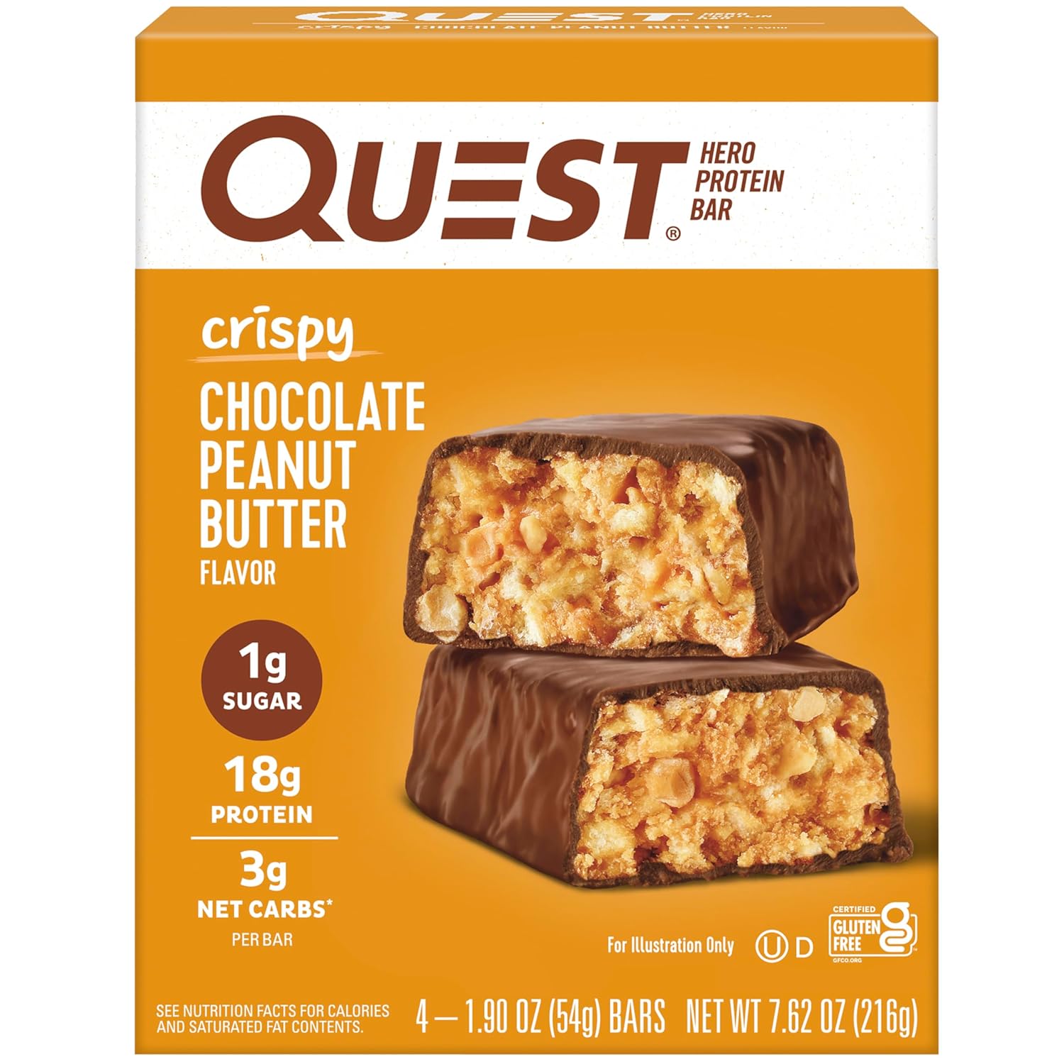 Quest Nutrition Crispy Cookies & Cream Hero Protein Bar, 18g Protein, 1g Sugar, 3g Net Carb, Gluten Free, Keto Friendly, 4 Count