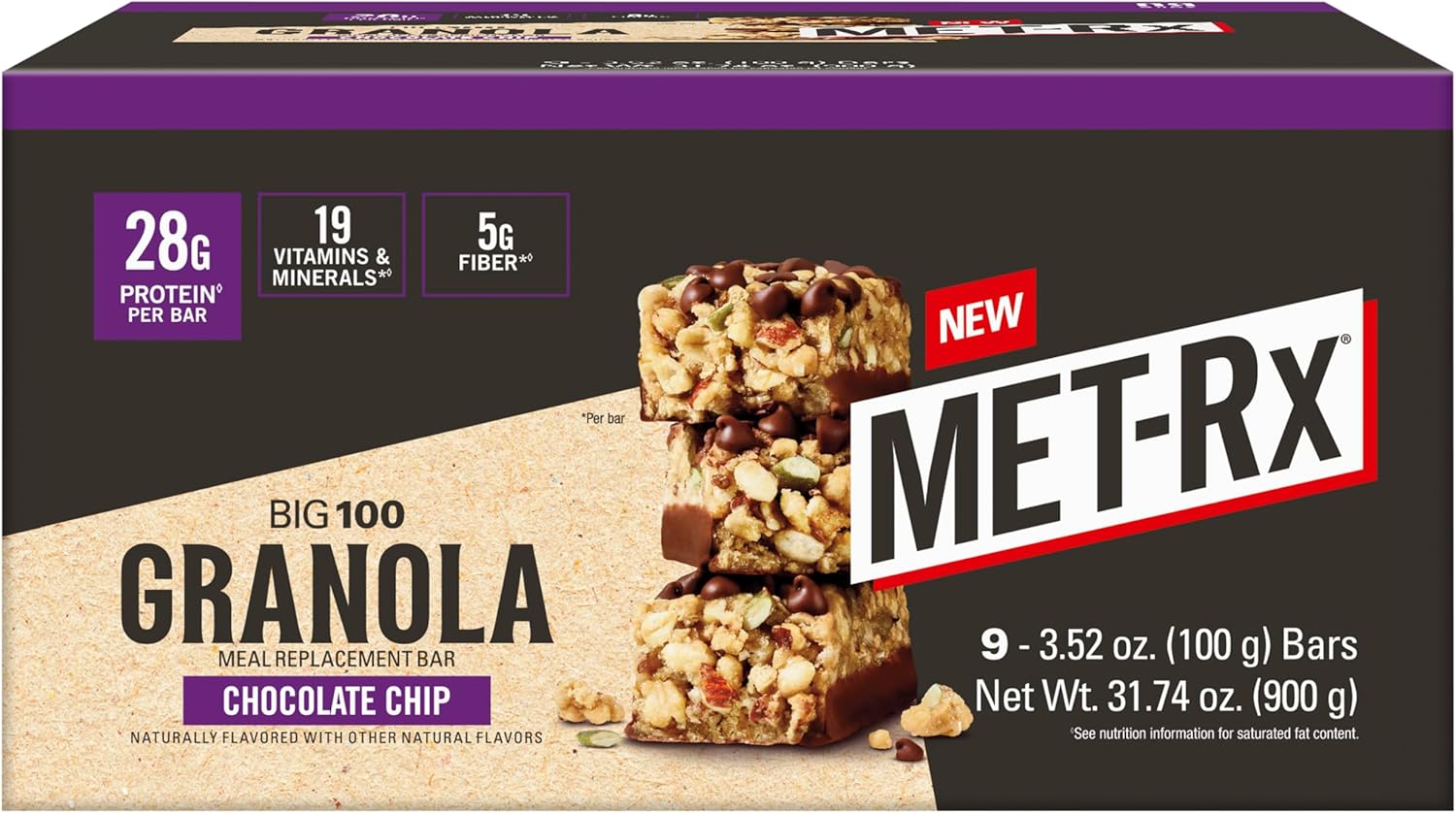 MET-Rx Big 100 Colossal Protein Bars, Vanilla Caramel Churro Meal Replacement Bars, Brown, 9 Count