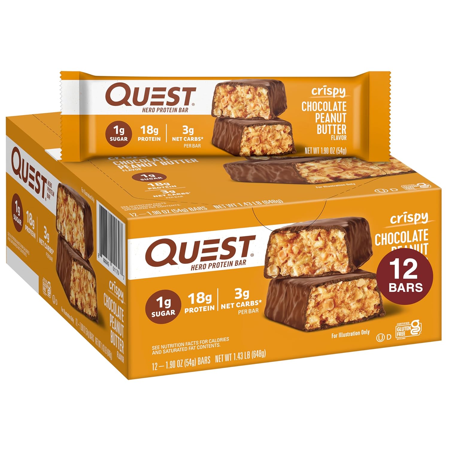 Quest Nutrition Crispy Cookies & Cream Hero Protein Bar, 18g Protein, 1g Sugar, 3g Net Carb, Gluten Free, Keto Friendly, 4 Count