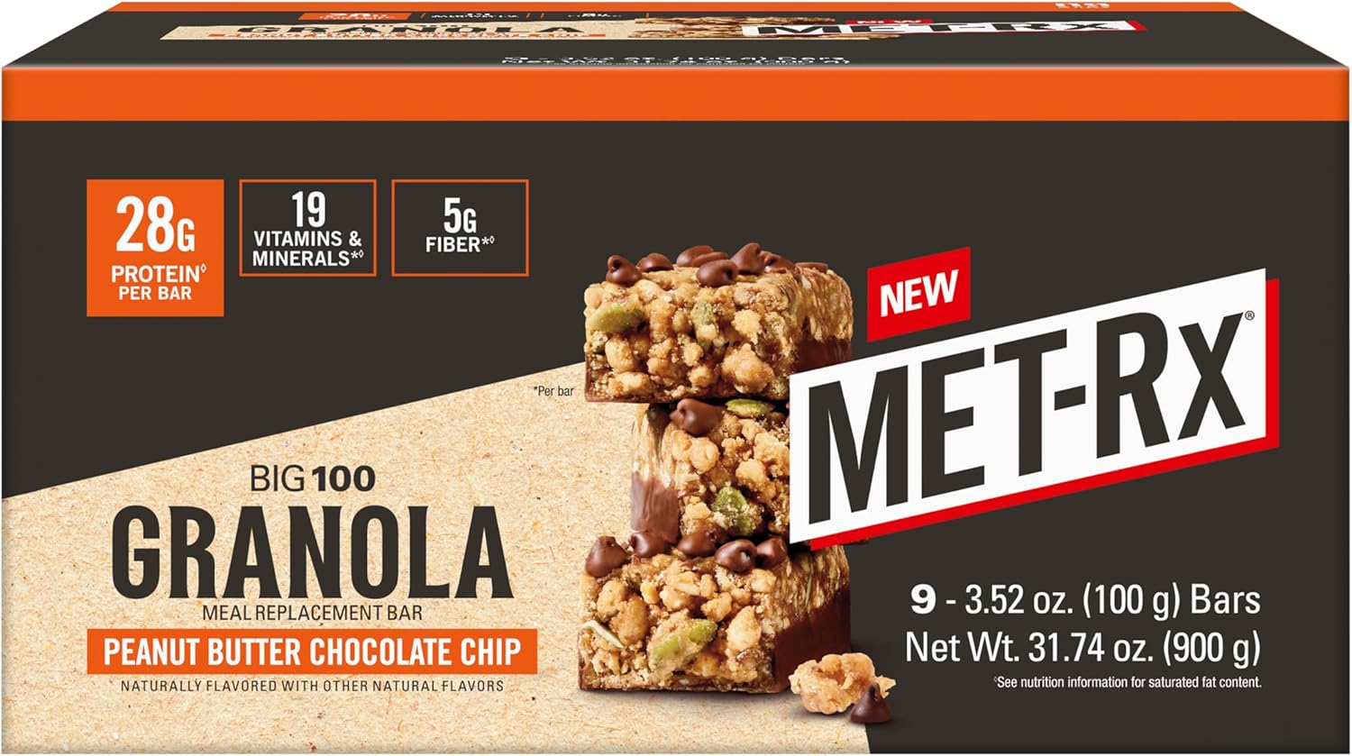 MET-Rx Big 100 Colossal Protein Bars, Vanilla Caramel Churro Meal Replacement Bars, Brown, 9 Count