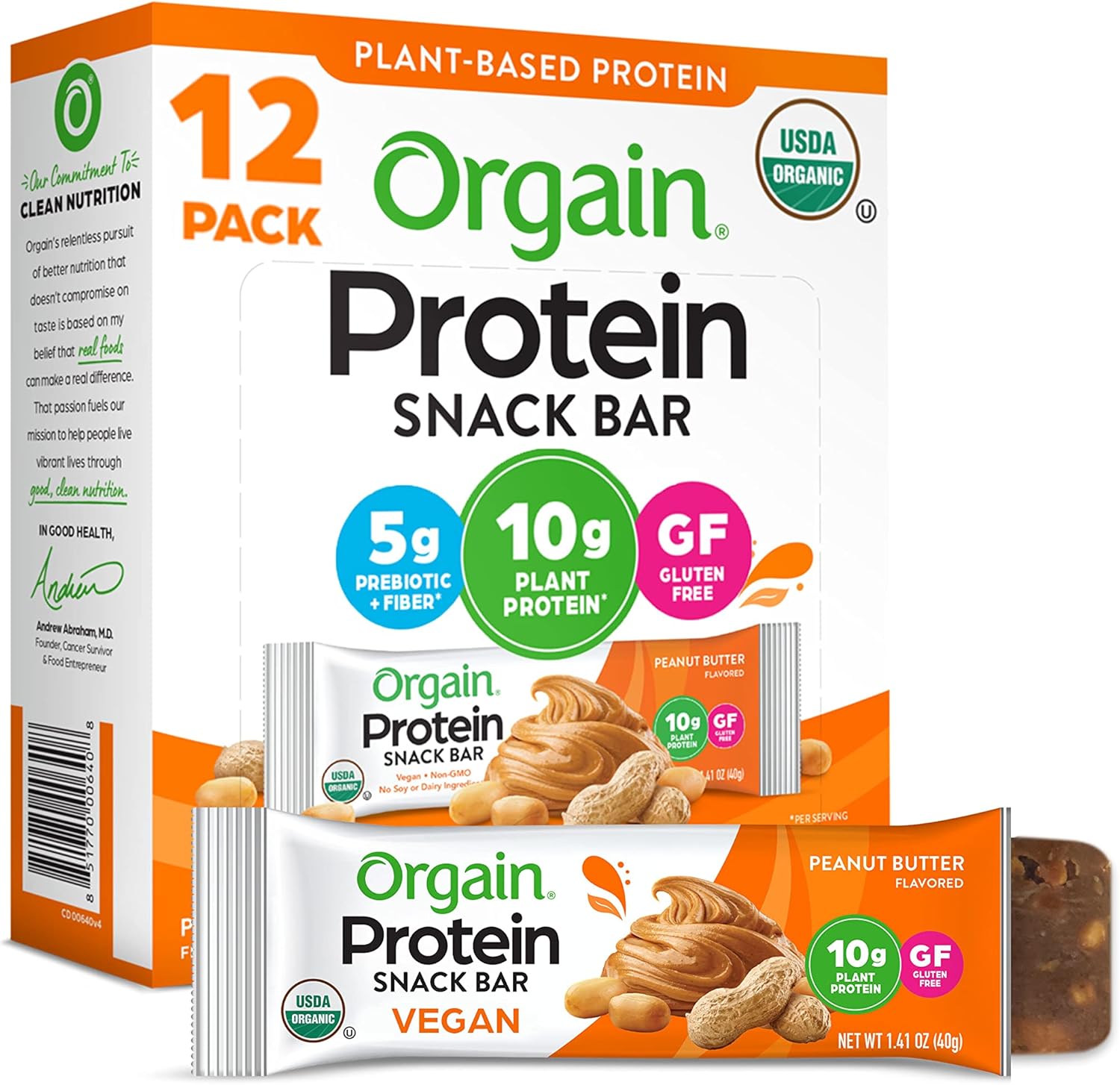 Orgain Organic Vegan Protein Bars, Peanut Butter Chocolate Chunk - 10g Plant Based Protein, Low Calorie Healthy Snacks, No Lactose or Soy Ingredients, Gluten Free, Non-GMO - 1.41 Oz (Pack of 12)