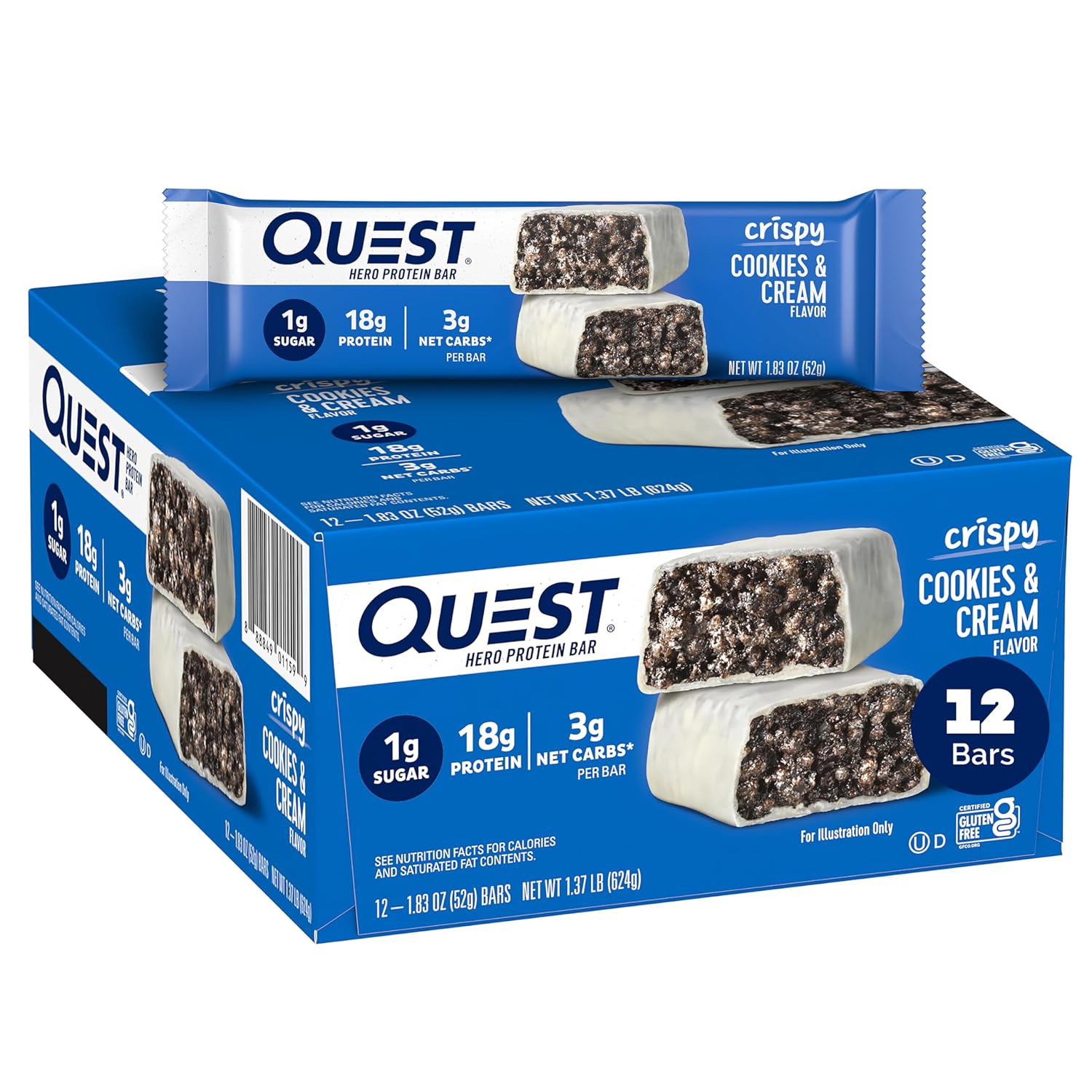 Quest Nutrition Crispy Cookies & Cream Hero Protein Bar, 18g Protein, 1g Sugar, 3g Net Carb, Gluten Free, Keto Friendly, 4 Count