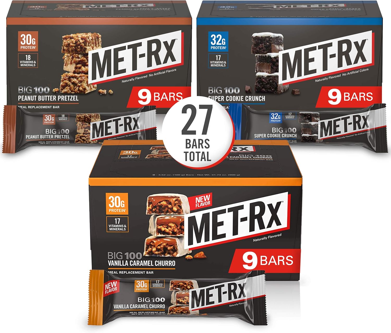 MET-Rx Big 100 Colossal Protein Bars, Vanilla Caramel Churro Meal Replacement Bars, Brown, 9 Count