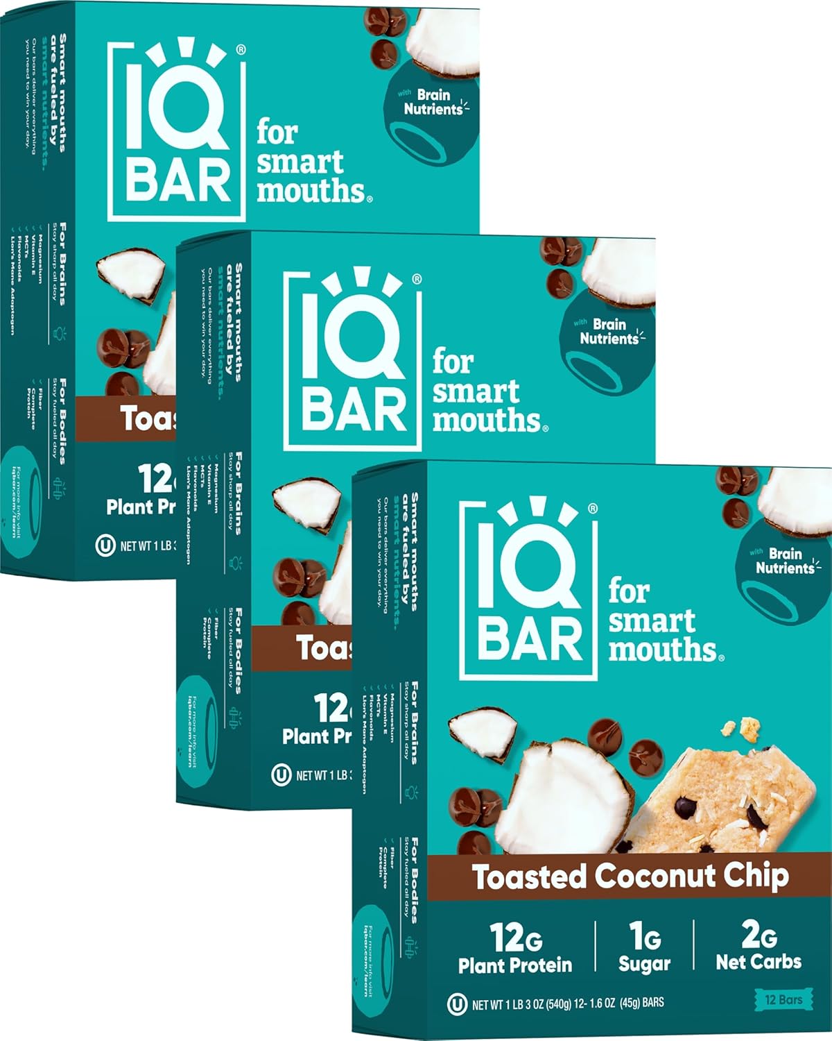 IQBAR Brain and Body Plant Protein Bars - Chocolate Lovers Variety - 12-Count Low Carb - Gluten Free, High Fiber, Vegan Snacks - Low Sugar Meal Replacement