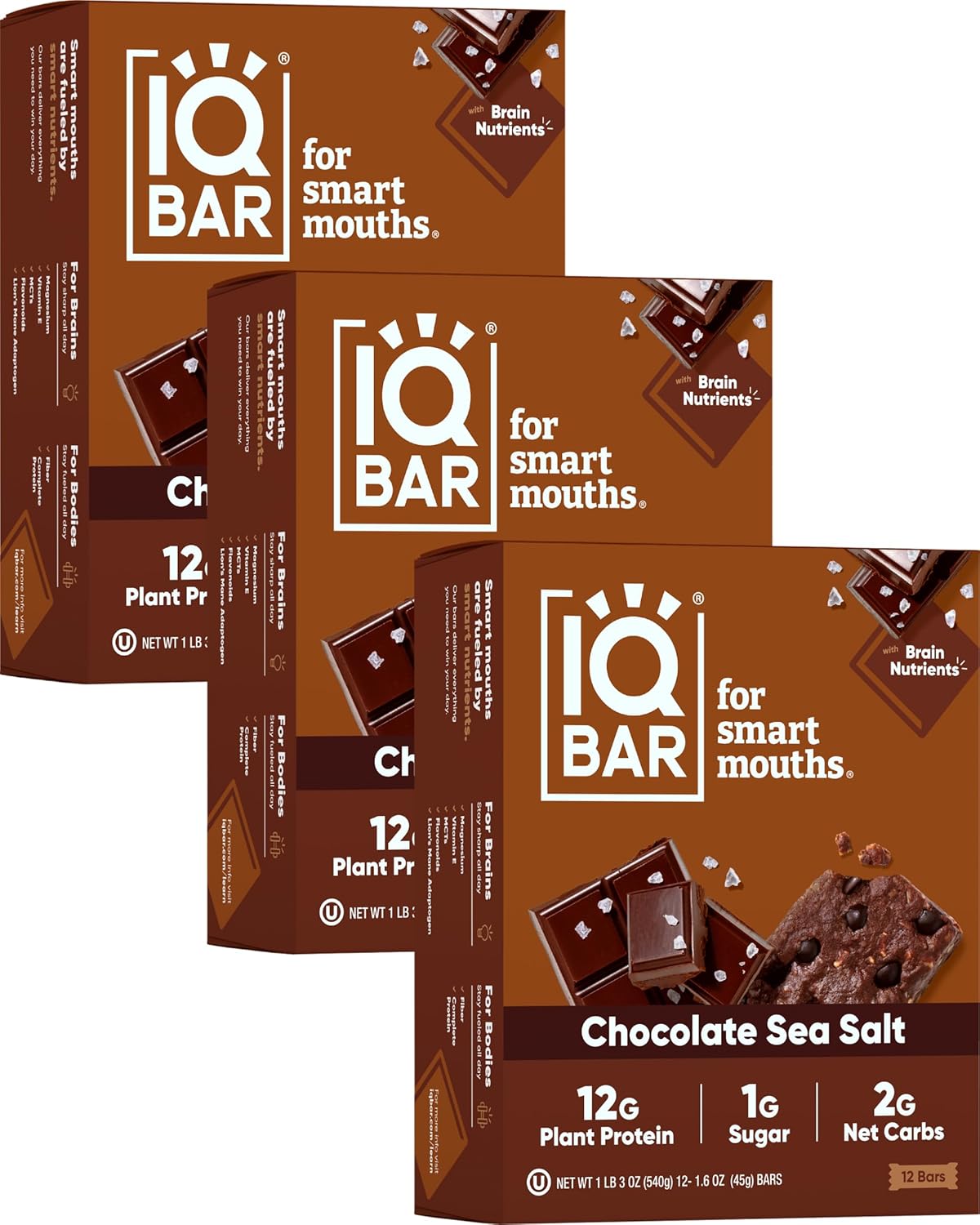 IQBAR Brain and Body Plant Protein Bars - Chocolate Lovers Variety - 12-Count Low Carb - Gluten Free, High Fiber, Vegan Snacks - Low Sugar Meal Replacement