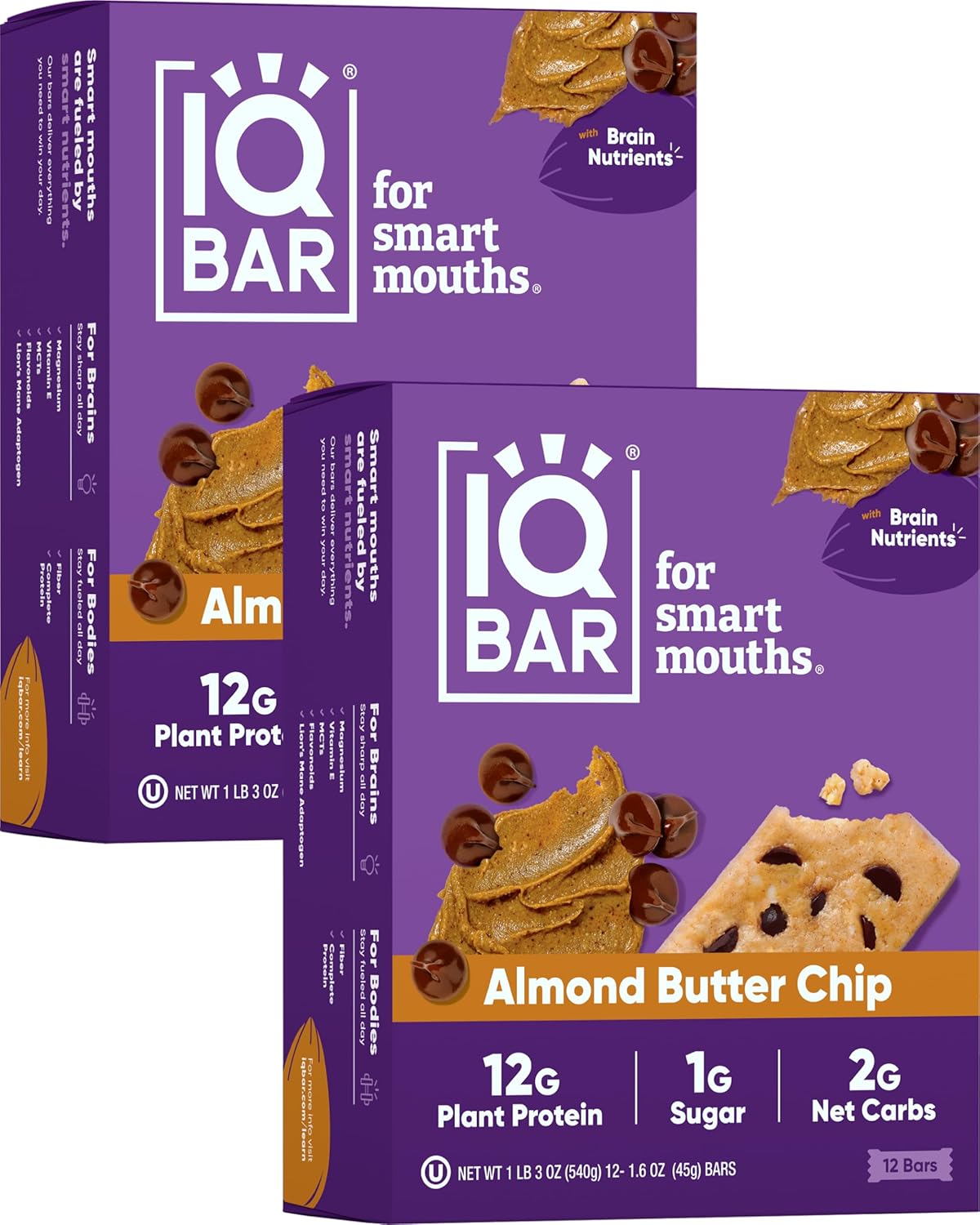 IQBAR Brain and Body Plant Protein Bars - Chocolate Lovers Variety - 12-Count Low Carb - Gluten Free, High Fiber, Vegan Snacks - Low Sugar Meal Replacement