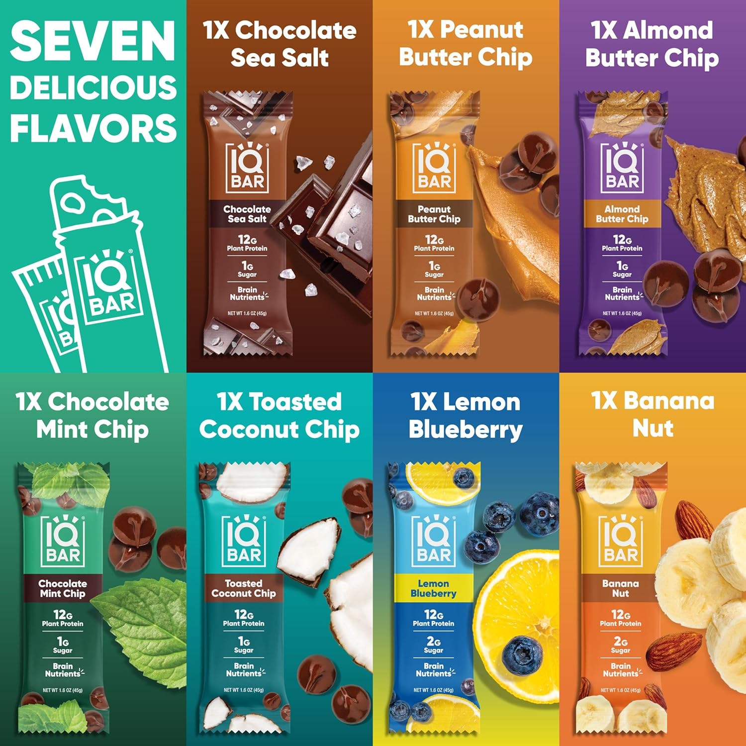 IQBAR Brain and Body Plant Protein Bars - 7 Bar Sampler Pack - Gluten Free, High Fiber, Vegan Snacks - Low Sugar Meal Replacement
